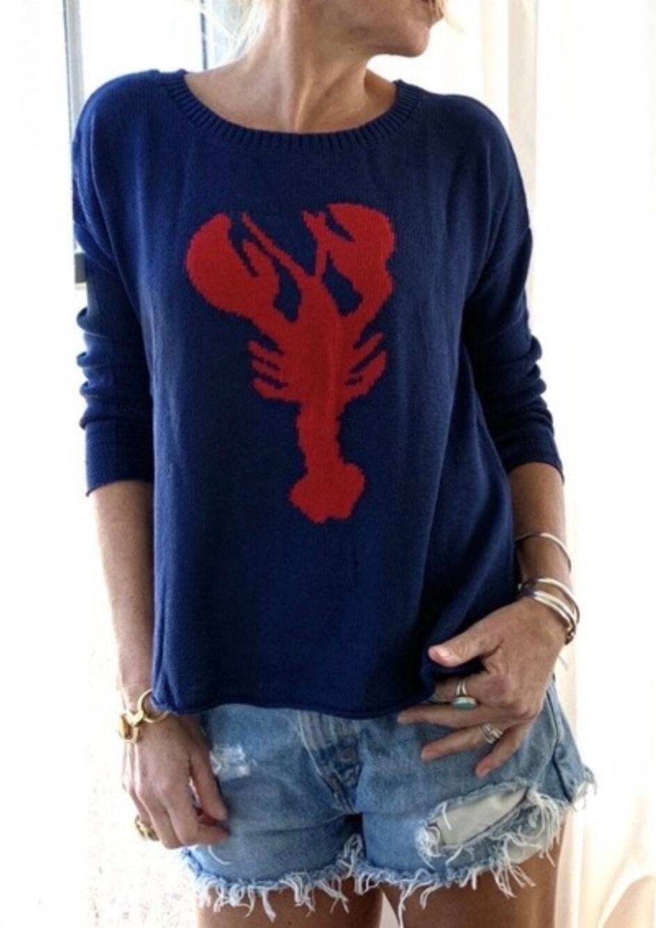 Pink Pineapple Womens XL Navy Blue Red Lobster Knit Rollneck Pullover Sweater